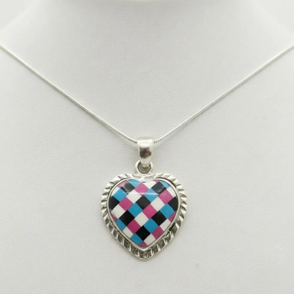 New Multi-Stone Heart Pendant Necklace Sterling Silver Southwest Inlay Artisan